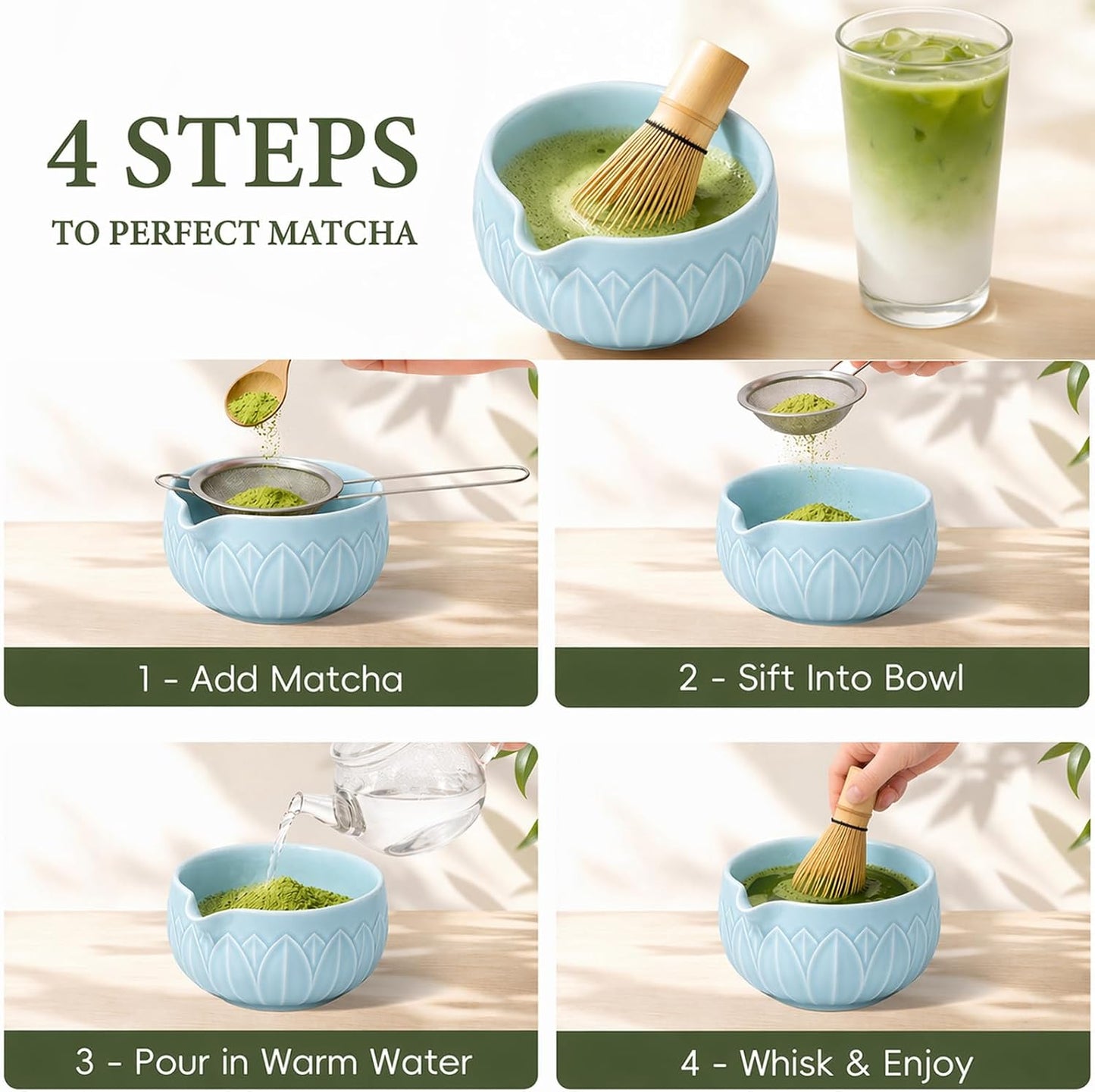 Matcha Whisk Set, Ceramic Matcha Set Includes Bowl & Holder, Bamboo Whisk (Chasen), Scoop, Spoon and Sifter, 6PCS Matcha Kit Covers Everything Needed for Making Matcha (Green)
