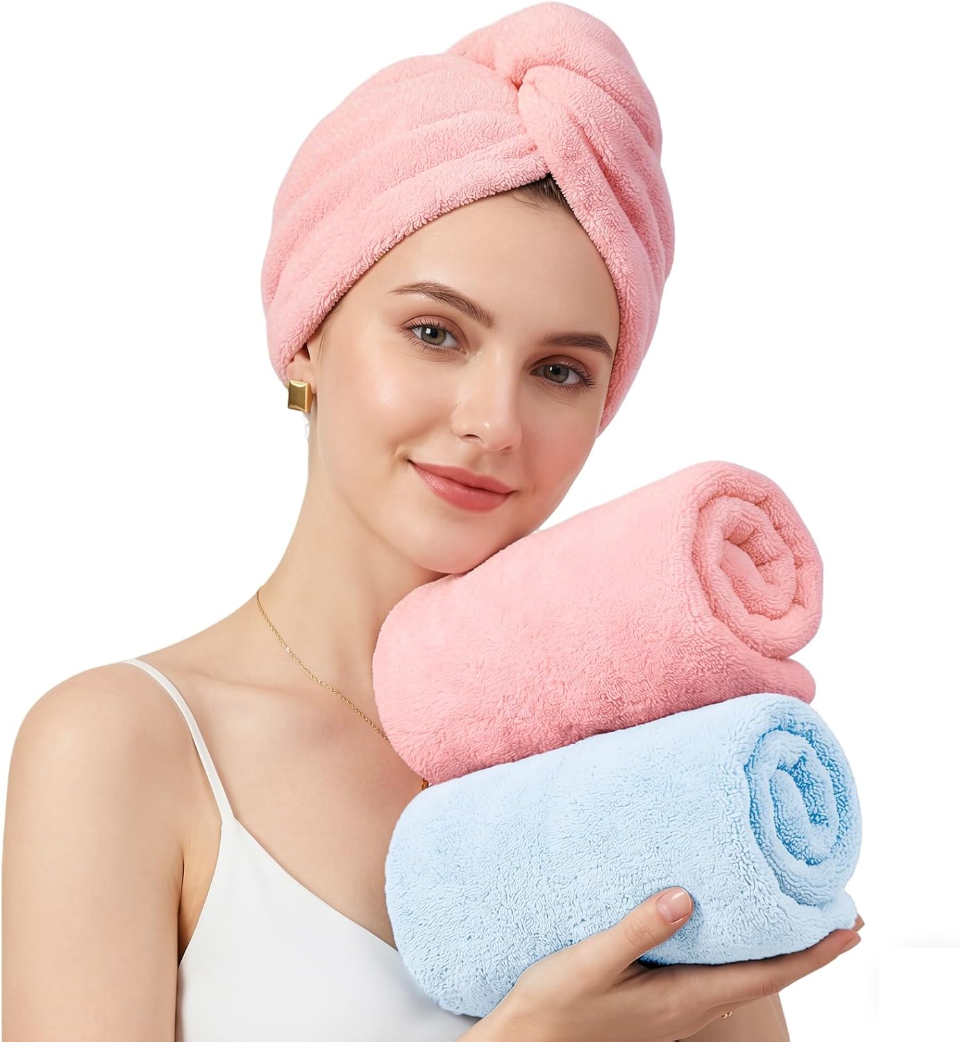 Mandydov 100% Cotton Hair Towel Wrap for Women, 2 Pack Thickened & Super Absorbent Turbans, Anti Frizz Quick Dry Hair Towels (Blue, Pink Blush)