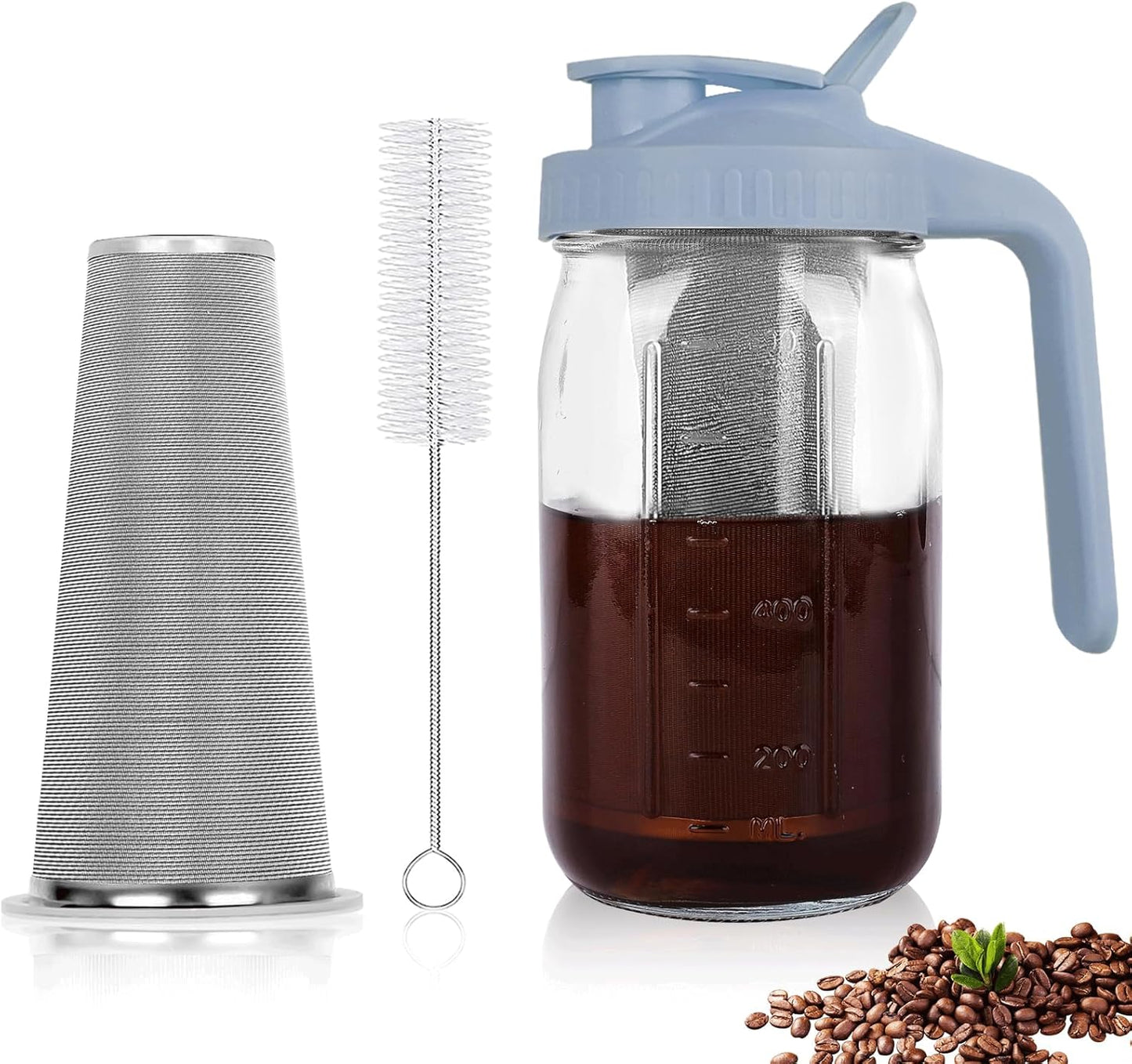 Cold Brew Coffee Maker,64 oz Mason Jar Pitcher with Stainless Steel Filter, Pour Spout Handle Lid, Heavy Duty Glass Airtight & Leak-Proof for Iced Coffee,Tea & Lemonade