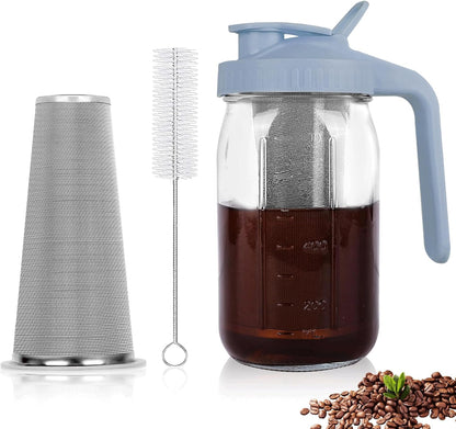 Cold Brew Coffee Maker,64 oz Mason Jar Pitcher with Stainless Steel Filter, Pour Spout Handle Lid, Heavy Duty Glass Airtight & Leak-Proof for Iced Coffee,Tea & Lemonade