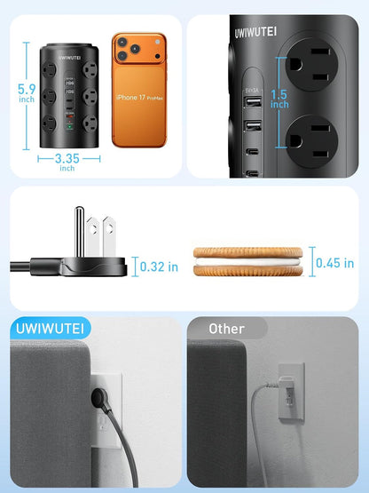 10FT Tower Power Strip with Dedicated 20W PD USB-C Port