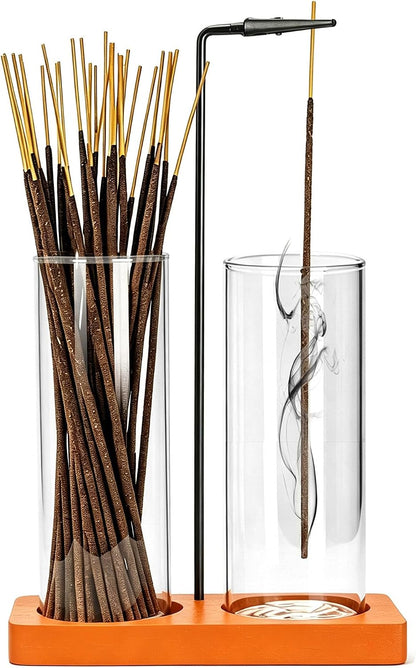 2 in 1 Incense Burner Holder for Sticks,Glass Incense Holder with Storage,Upside Down Incense Holder for Sticks with Glass Ash Catcher for Meditation Yoga Spa Room Home Decor[Full Black]