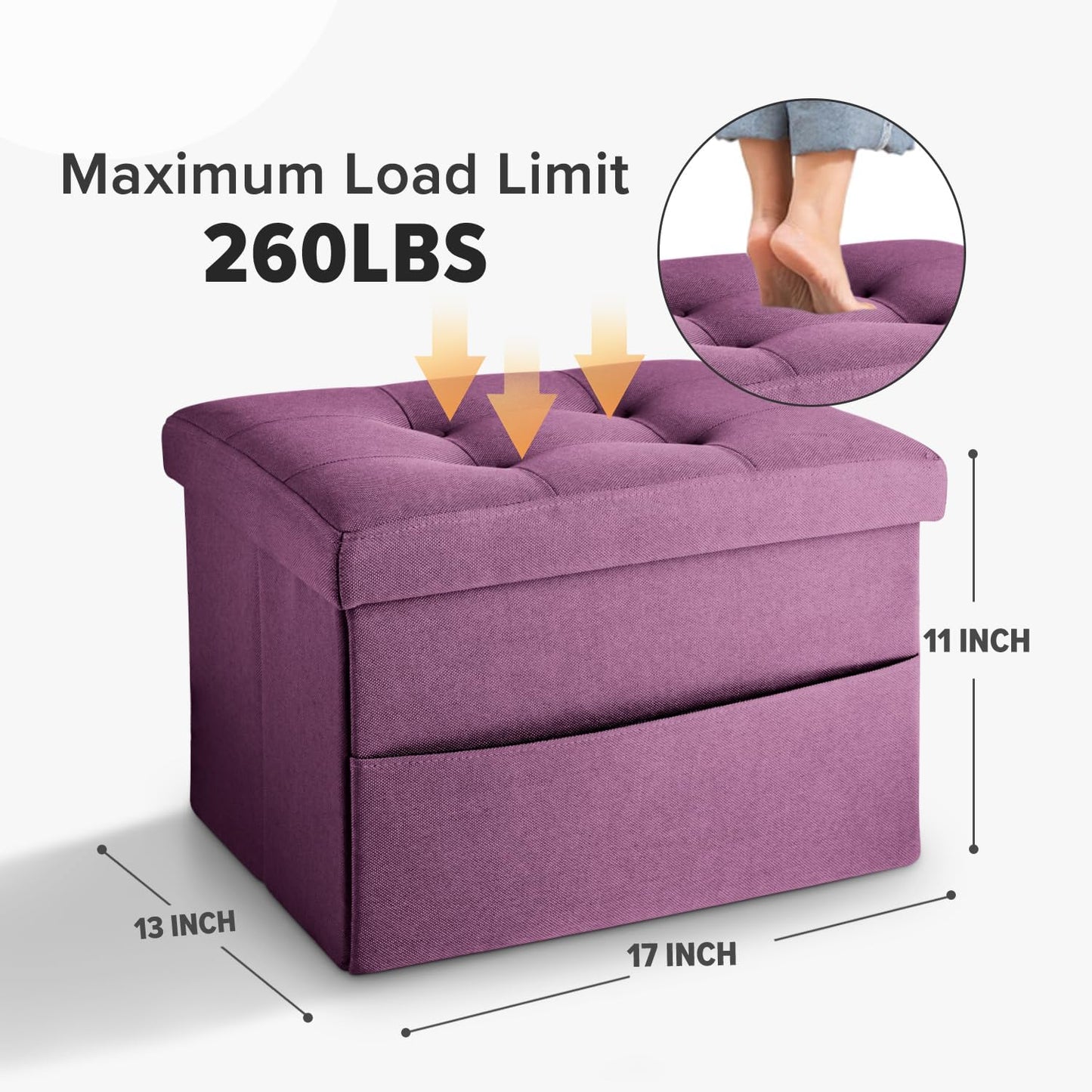 LINMAGCO Ottoman Storage Ottoman with Storage Small Foot Rest Stool Under Desk Stool Short Folding Footrest Linen Cloth Dark Gray 16X12X12IN