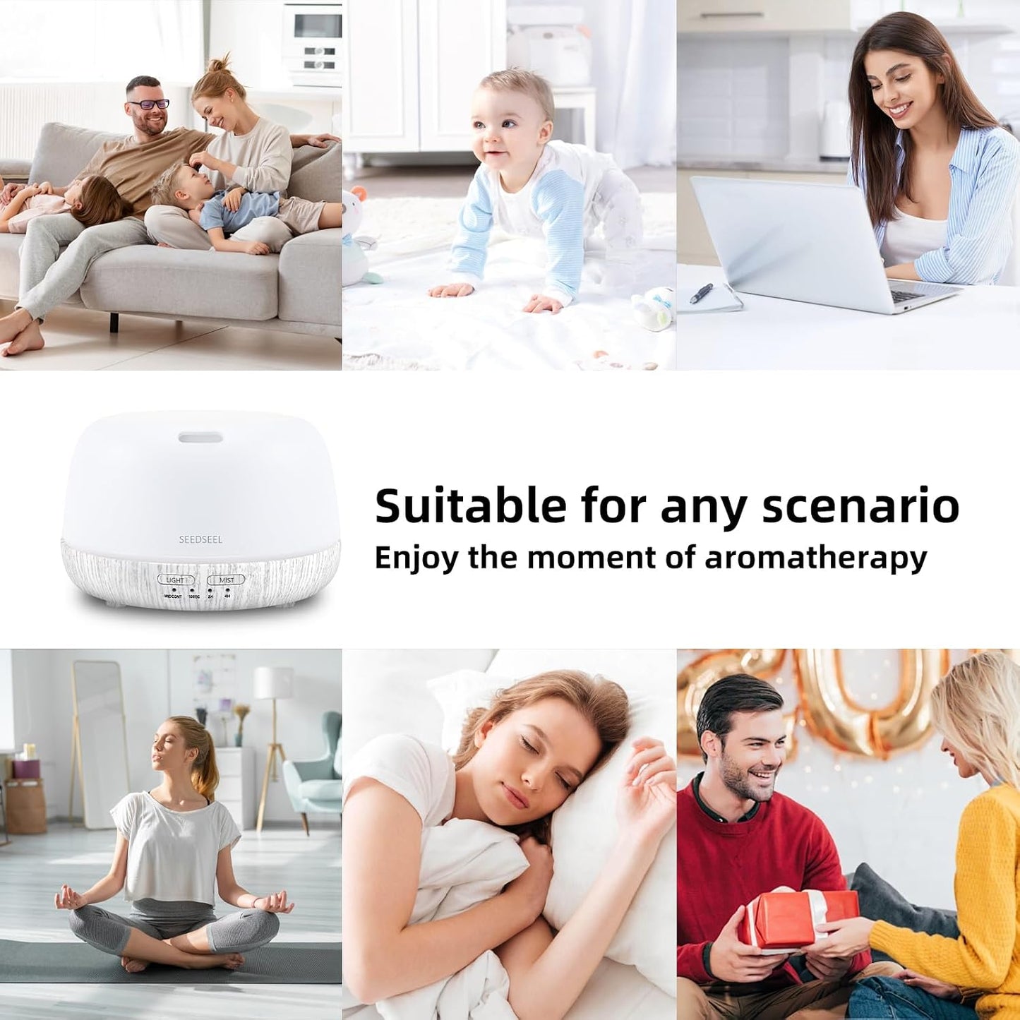 SEEDSEEL 300ML Essential Oil Diffuser with 7-Color LED Lights and Remote Control, Modern Minimalist Design, High-Efficiency Ultrasonic Mist Aromatherapy Diffuser for Home
