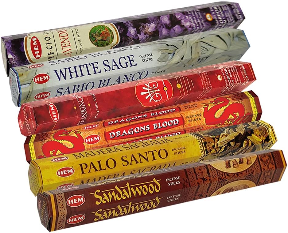 Hem Incense Sticks Variety Pack #23-120 Insence-Sticks (6 Incents x 20 Insense) + Incense Stick Holder with 6 Most Liked Scents Including Patchouli Dragons Blood White Sage Frankincense-Myrrh
