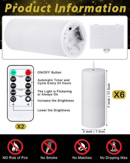 VIHOSE 12 Pack White Flameless Candles Set with Remote and Timer Flickering Flameless Battery Candles Flat Top LED Pillar for Wedding Outdoor Home Festival Decoration(D 3'' H 4'' 5'' 6'')