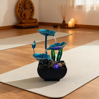 AOZITA Tabletop Fountain, Indoor Waterfall Fountain, Small Home Décor Zen Relaxation Soothing Sound Machine for Office, Living Room, or Bedroom,Blue Metal Lotus with Bud, River Rocks,Round LED