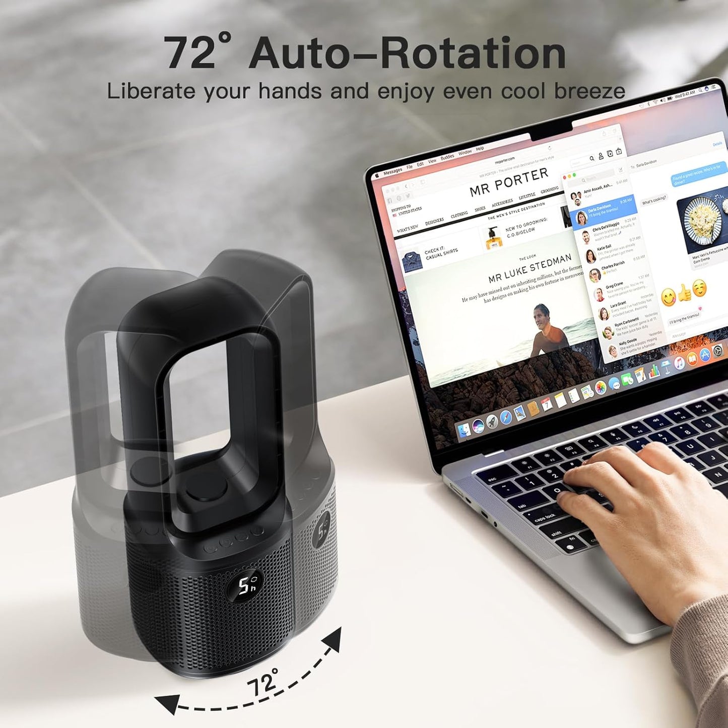 let'me Bladeless Desk Fan Small Quiet,5-Speed Bedside Table Fan with 3-Level Brightness Night Light, 72° Oscillation, 9-Hour Timer, Wired Power with Adapter,Fan for Bedroom Office Home,13x5 Incn