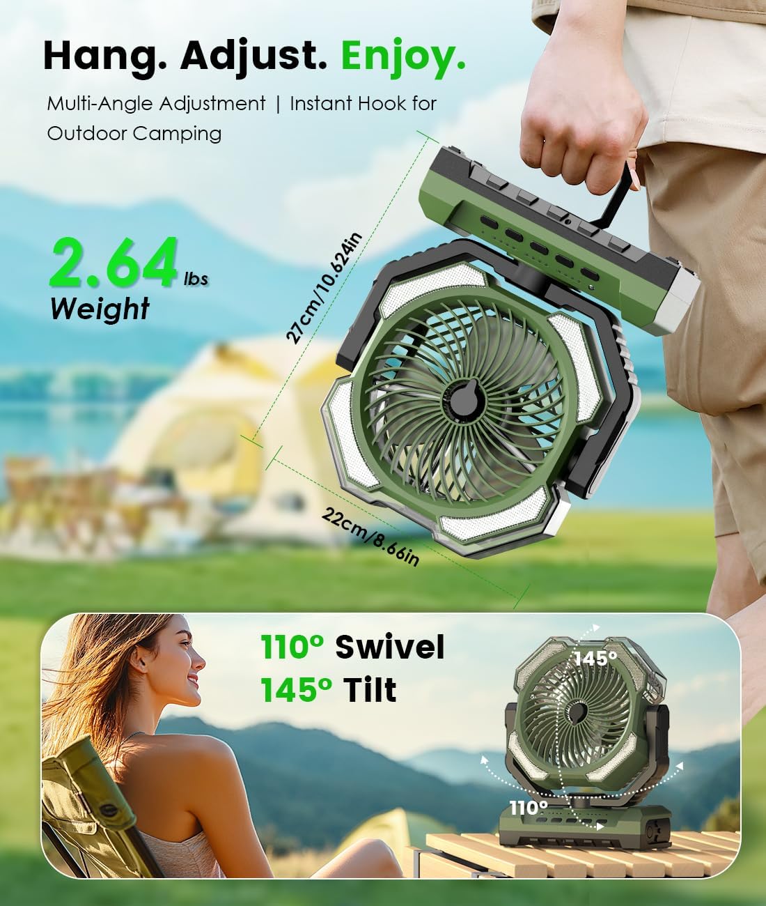 Camping Misting Fan, 24000mAh Portable Battery Powered Fan with Mist, Light