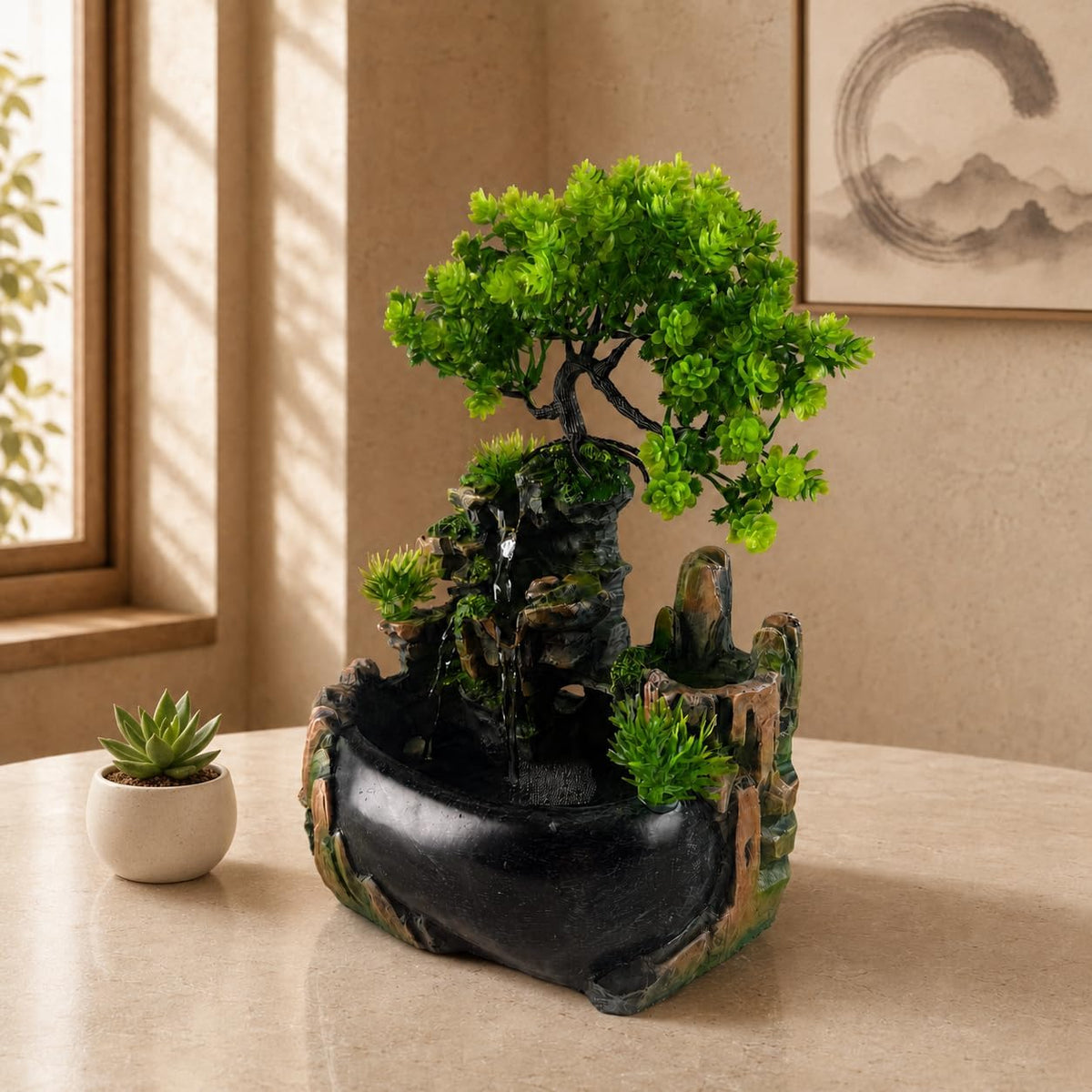 Indoor Tabletop Water Fountain with LED Light, Resin Rock-Look Waterfall Decor, Feng Shui Inspired Zen Fountain for Desk, Office, Bedroom, Living Room & Meditation Space (9" Cascading Rock)