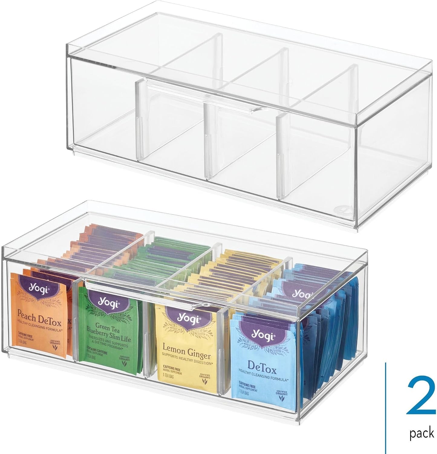 iDesign XL Tea Bag Organizer, Clear, 4-Section | For Counter, Storage Drawer for Cabinet