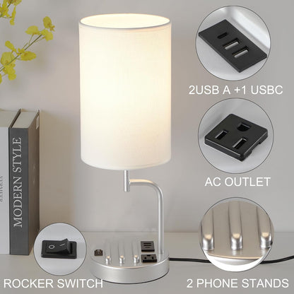 Dreamholder Table Lamp with 3 USB Charging Ports, Modern Desk Lamp with AC Outlet and Phone Stands, Perfect Bedside Lamp for Bedroom, Living Room, Office (Pack of 2), Cream