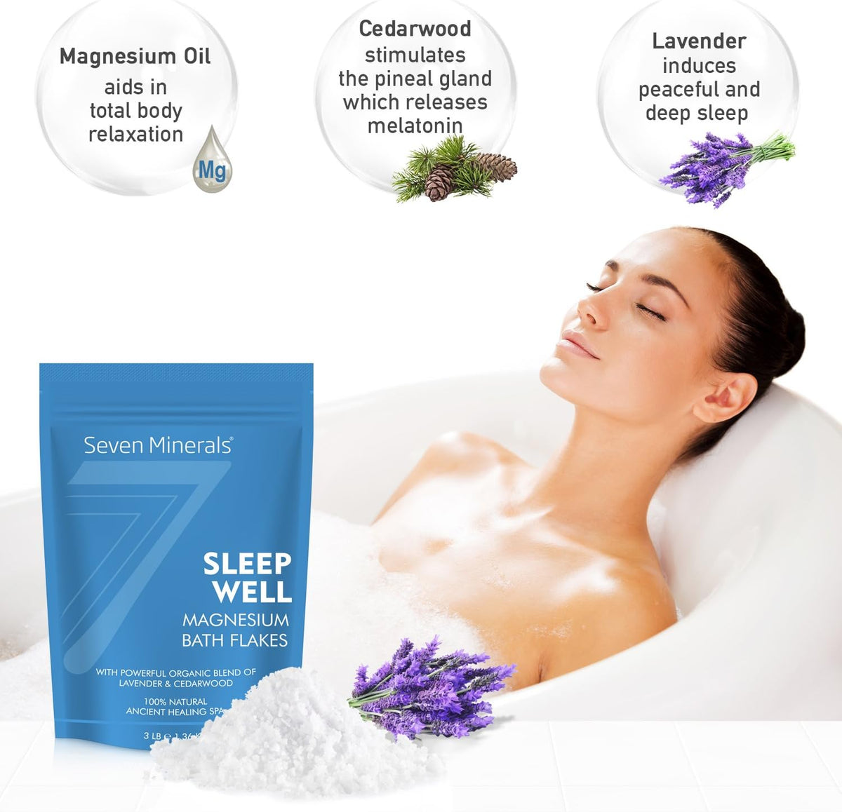 Seven Minerals Deep Relaxation Magnesium Chloride Flakes 3lb – Absorbs Better Than Epsom Salt - Unique Full Bath Soak Formula for Stress and Relaxing with Roman Chamomile & Clary Sage
