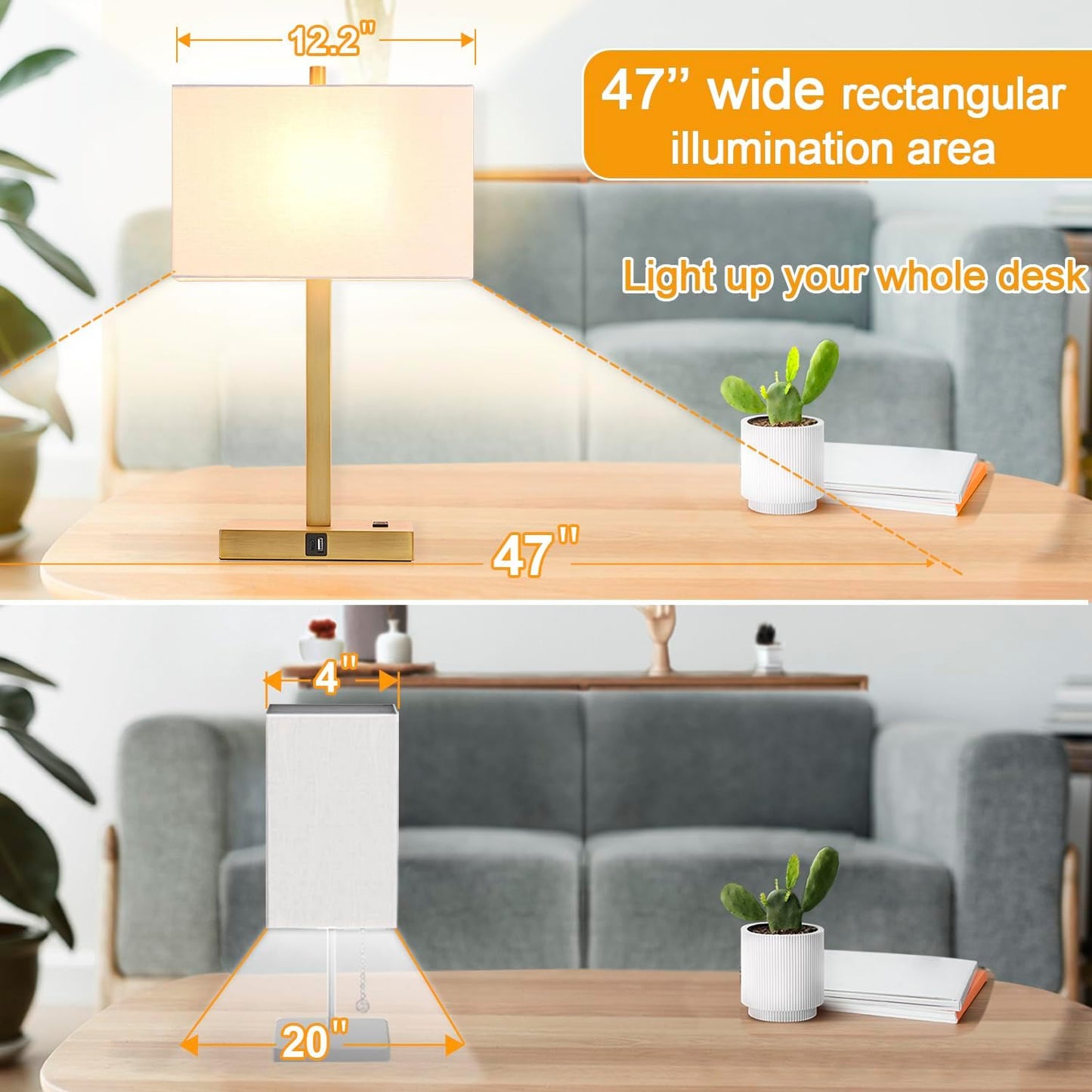 21" Touch Bedside lamps with 2 USB & AC Outlets, 3-Way Dimmable Bedside Table Lamps Set of 2 for Bedroom Living Room Office Reading, Gray Shade Lamps for Night Stands, 5000K LED Bulbs Included
