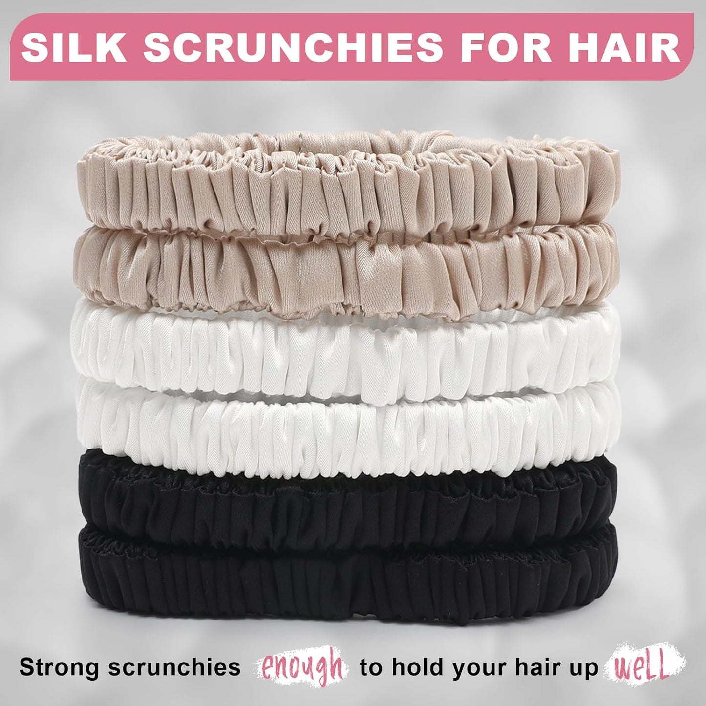6Pcs Silk Hair Ties 100% Pure Mulberry Silk Scrunchies for Women Girls | No Hair Crease, Anti Frizz, Gentle Hold, No Damage, Black Brown Pink