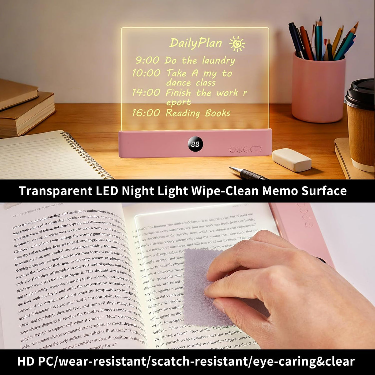 Book Light - Book Lights for Reading At Night, Rechargeable Reading Light, with 3 Colors & Timer, Dimmable Panel Plate Lamp Book Full Page Light for Reading in Bed, Funny Gifts for Readers