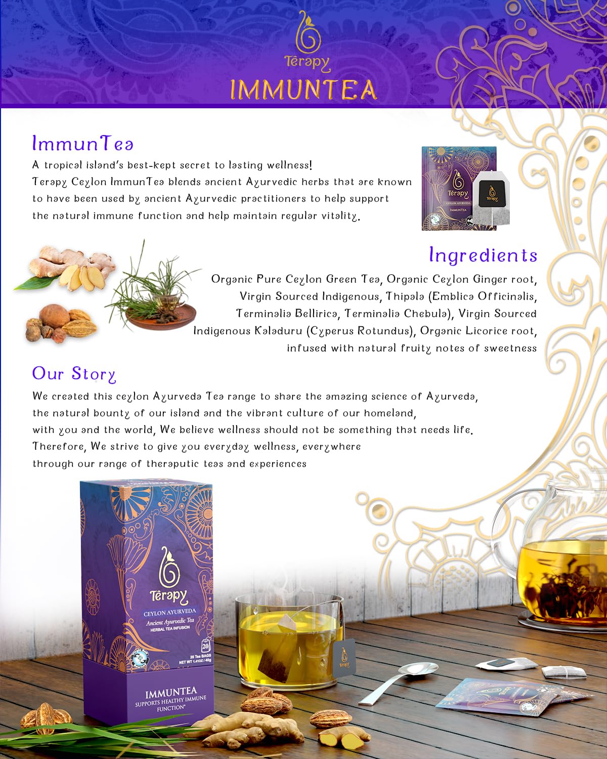 TERAPY ImmunTea Triphala & Ginger Ayurvedic Healthy Herbal Tea Mix, 20 Bags
