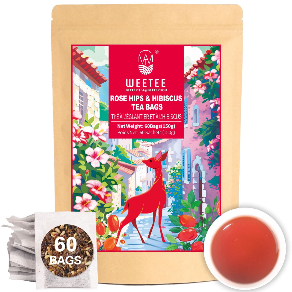 WT WEETEE Rosehips Hibiscus Tea Bags 60 Count, Caffeine-free & Antioxidants