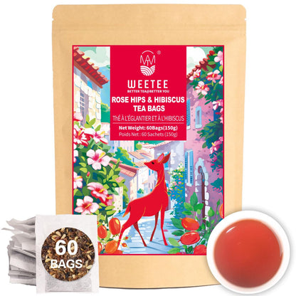 WT WEETEE Rosehips Hibiscus Tea Bags 60 Count, Caffeine-free & Antioxidants