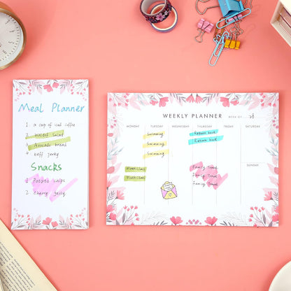 Weekly Planner Notepad Tear Off Set of 2 Weekly Calendar Pad 52 Undated To Do List Notepad Sheets Desk Planner Planning Pads Productivity Tracker for Work Goals Notes Schedule Ideas, Floral Blue
