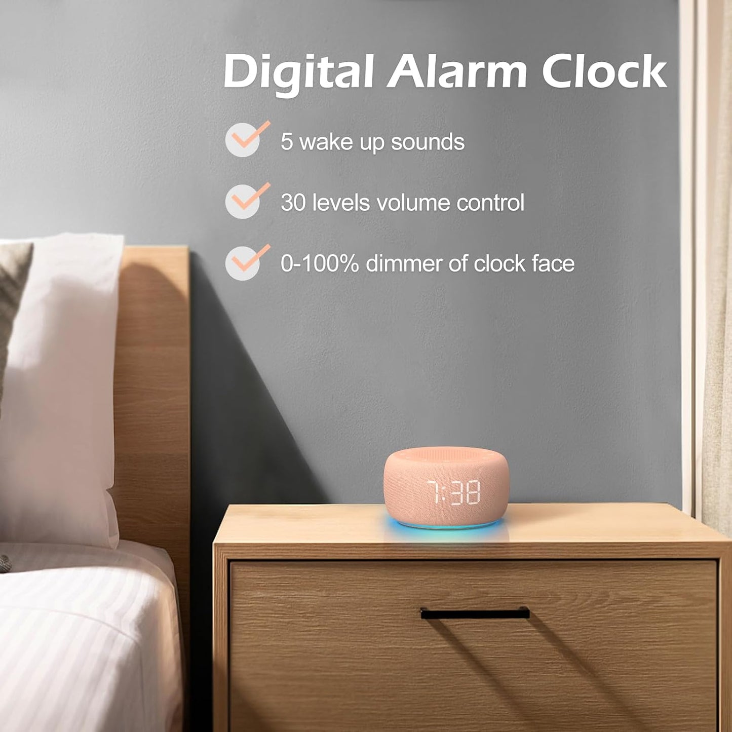 Buffbee Alarm Clock with Sound Machine for Bedrooms – 2-in-1 White Noise Machine for Sleep, Gentle Wake-Up with Soft Alarm Sounds, Ambient Night Light, Plug-in, Sleep Better, Wake Gently