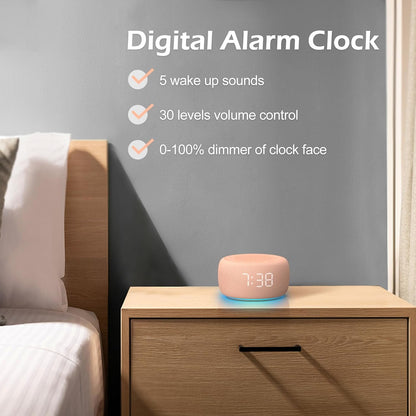 Buffbee Alarm Clock with Sound Machine for Bedrooms – 2-in-1 White Noise Machine for Sleep, Gentle Wake-Up with Soft Alarm Sounds, Ambient Night Light, Plug-in, Sleep Better, Wake Gently