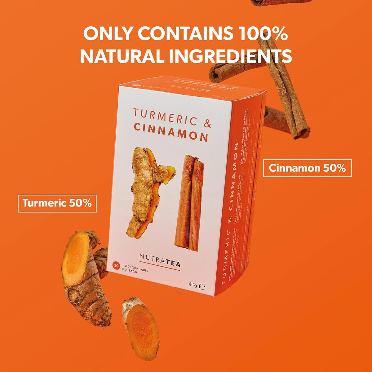 Nutra Tea - Turmeric & Cinnamon Tea | Turmeric Tea - 20 Individually Wrapped, Reusable Teabags - Caffeine Free, All Natural Herbal Blend (1 Pack)