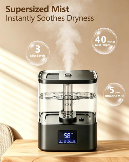 KZF 4L Top Fill Humidifiers for Bedroom & 40H Runtime - Cool Mist Humidifier, 3 Mist Levels, 8H Timer, Essential Oil Tray, Humidity Display, Quiet for Baby, Plants, Large Room (Black, 4, Liters)