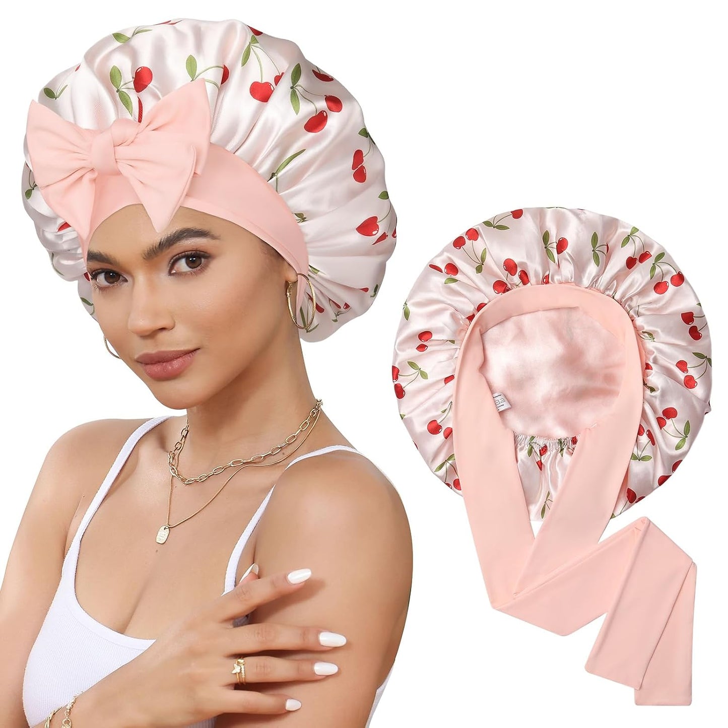 Satin Bonnet for Sleeping Cap Double Layer Hair Bonnet with Elastic Tie Band for Curly Hair Night Cap (Bean Paste + Pink)