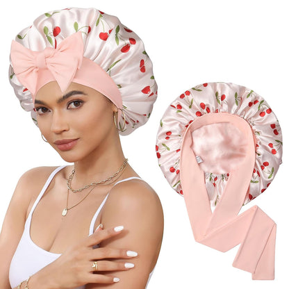 Satin Bonnet for Sleeping Cap Double Layer Hair Bonnet with Elastic Tie Band for Curly Hair Night Cap (Bean Paste + Pink)