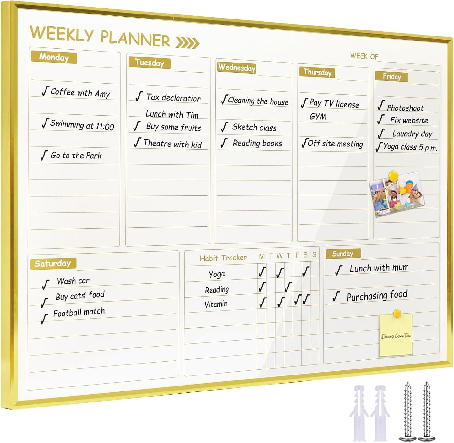 Gold Weekly Dry Erase Board for Wall,12"x16",Gold Metal Frame Weekly Planner Whiteboard for to Do List, Memo, School, Home, Office, Kitchen-GZ