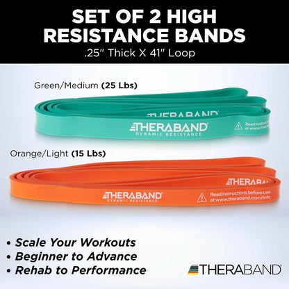 THERABAND High Resistance Band Set of 2, Light and Medium Elastic Super Bands for Full Body Workouts, Physical Therapy, Strength Training, Durable 41” Loop Exercise Bands, 15-25 lbs Resistance
