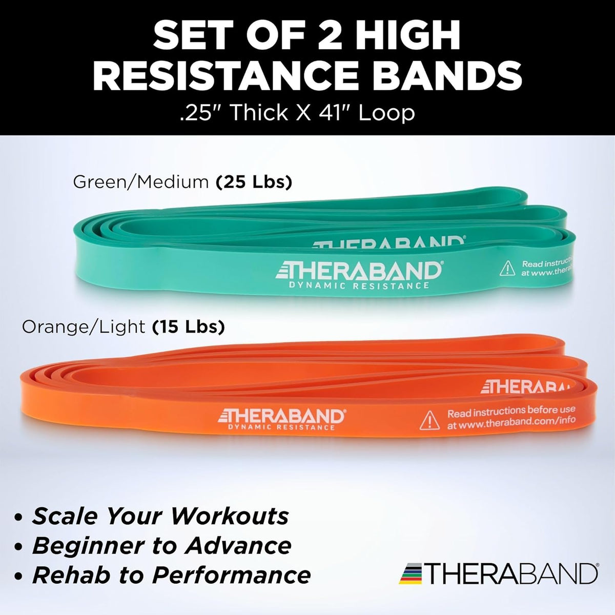 THERABAND High Resistance Band Set of 2, Light and Medium Loop, 15-25 lb