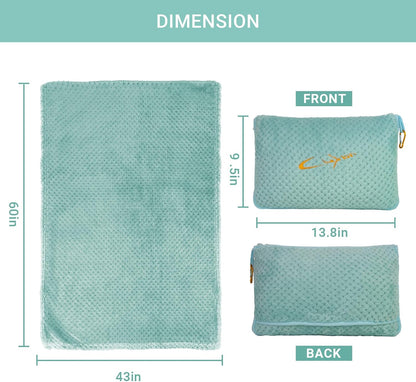 Compact Travel Blanket for Airplane, Premium Soft 2-in-1 Blanket with Pillowcase and Carry Bag, Lightweight Travel Essentials with Luggage Sleeve and Backpack Clip, Mint Green
