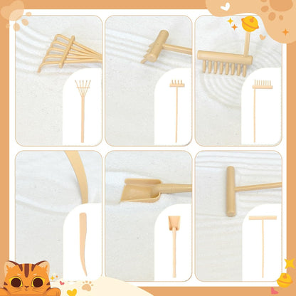 Zen Garden for Desk with Tray Sand Tools Cat Figurines DIY Micro Landscape Ornaments Miniature Meditation Sand Garden Stress Relief Desk Decor for Cat Lover Gifts