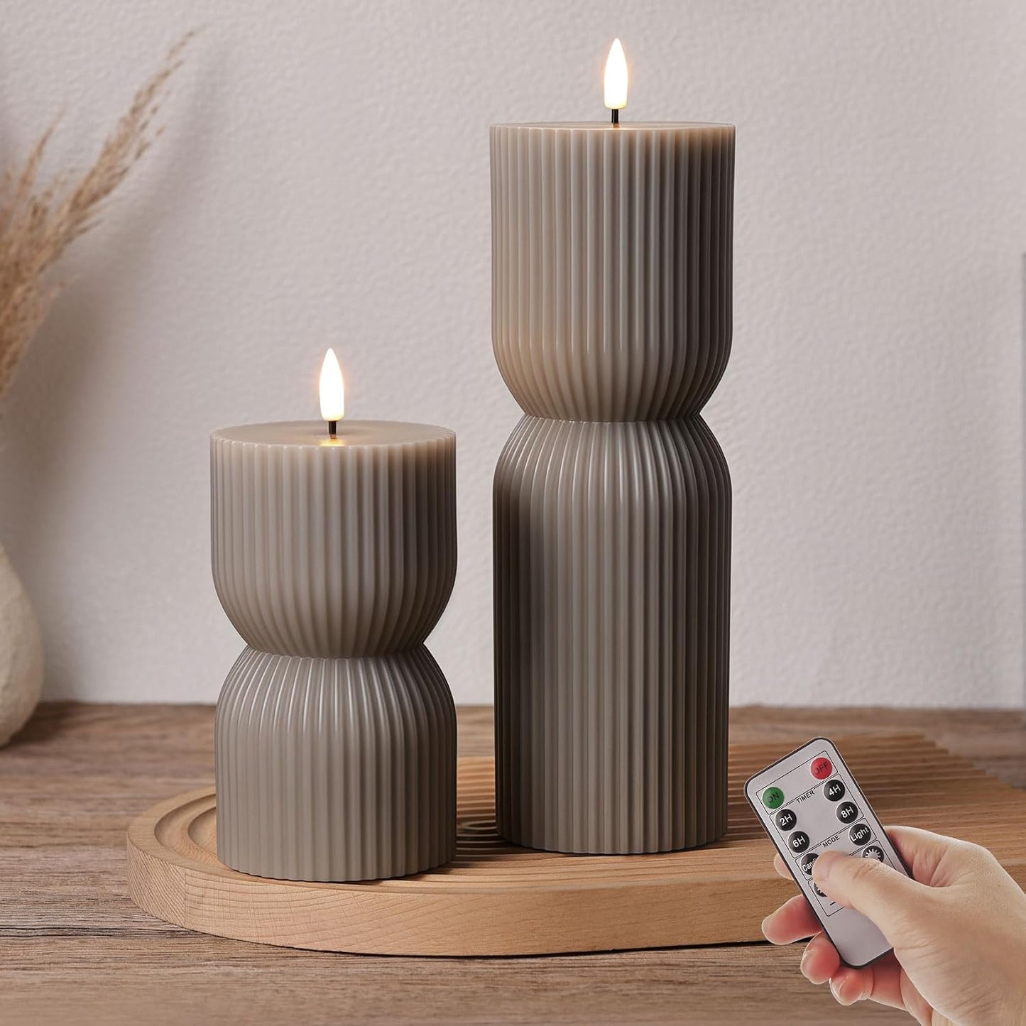 White Ribbed Flameless Pillar Candles with Remote, Real Wax Flickering Battery LED Candles Set of 2