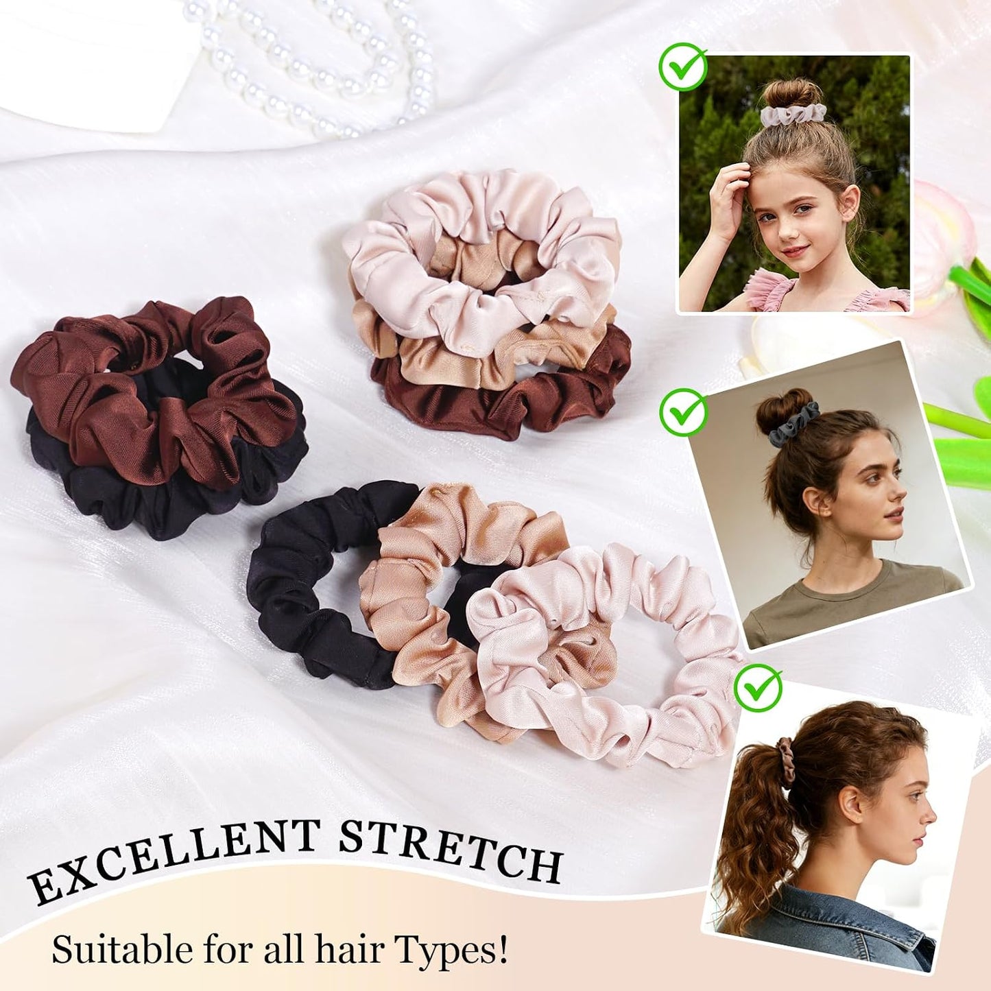 Satin Scrunchies for Women – 8PCS Blush & Brown Silk Hair Ties Set – No Crease, Frizz-Free, Gentle Elastic Hair Bands, Soft & Stylish Everyday Hair Accessories Gifts