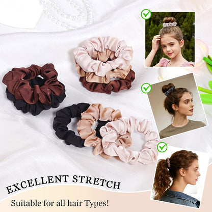 Satin Scrunchies for Women – 8PCS Blush & Brown Silk Hair Ties Set – No Crease, Frizz-Free, Gentle Elastic Hair Bands, Soft & Stylish Everyday Hair Accessories Gifts