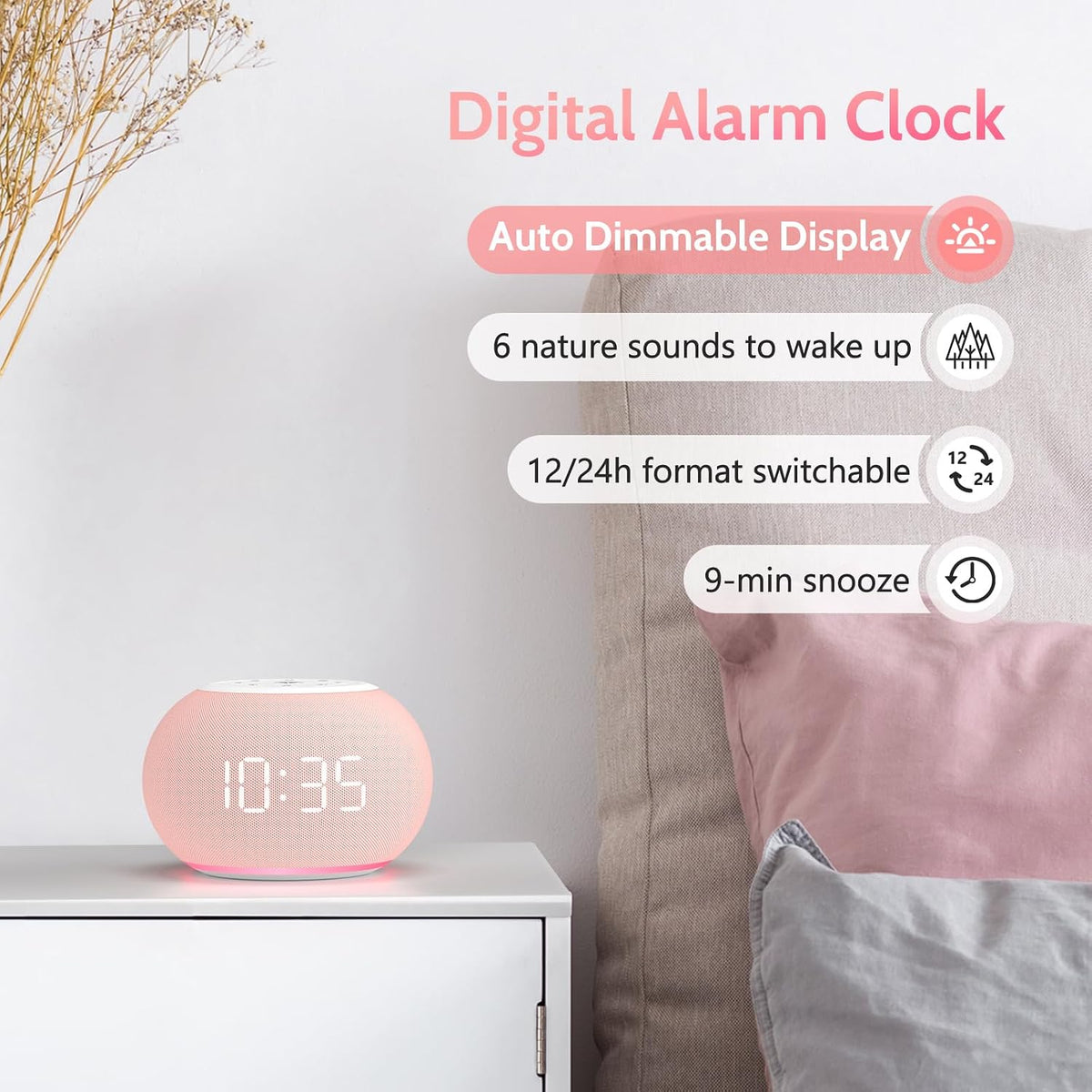 REACHER Auto-Dimmable Sound Machine Alarm Clock with 20 Sounds&Night Light