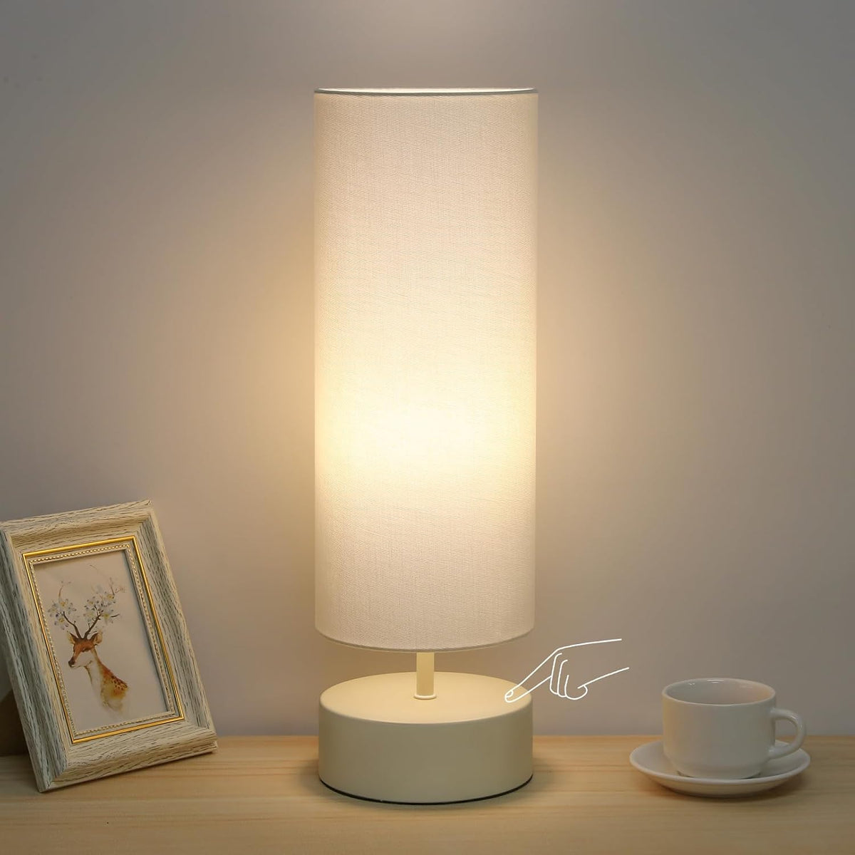 Touch Table Lamp, 3-Way Dimmable Bedside Lamp with Cylinder Fabric Shade