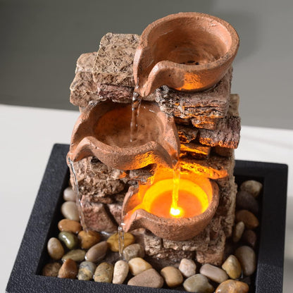 Haobos Indoor Tabletop Fountain 3-Tier Rockery Relaxation, Soothing Sound Home/Office/Bed Room Decor,Gifts for Mom/Grandma Relaxing Waterfall Meditation Tabletop Fountain LED Lights