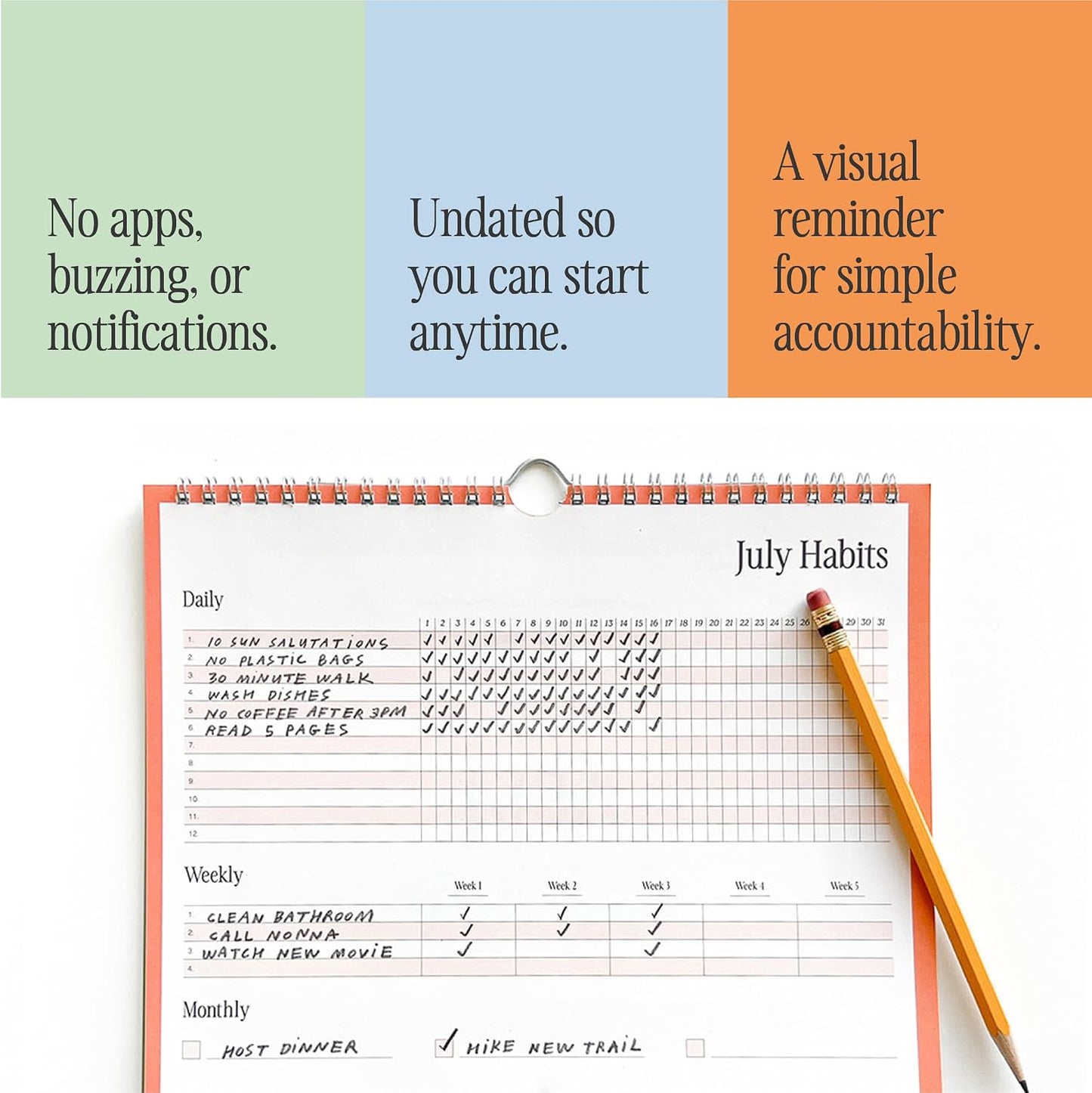 Free Period Press Habit Tracker Calendar & To Do List Planner, Spiral Bound Habit Tracker with Writable Goals, 12 Months Undated, 8"x10”