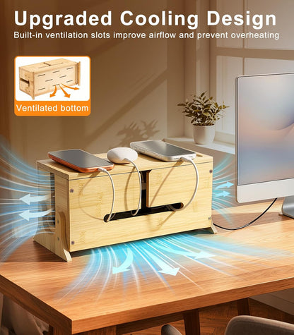 TiMOVO Cable Management Box, Bamboo Cord Organizer Box with Support Legs