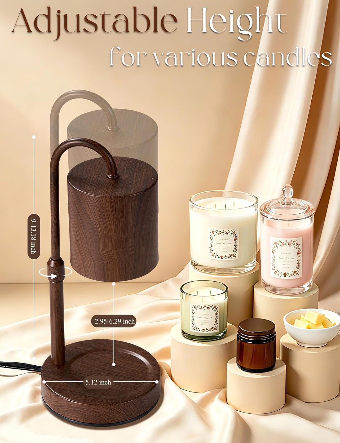 Briever Dimmable Candle Warmer Lamp with Timer, Height Adjustable Electric Candle Wax Warmer, Christmas Birthday Gifts for Women Mom, House Warming Gifts New Home Room Decor, Walnut Solid Wood Base