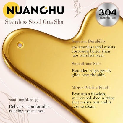 Nuanchu Stainless Steel Gua Sha Facial Tool, Metal Gua Sha for Lymphatic Drainage, Guasha Face Sculpting Double Chin Reduce with Pouch Self Care Gift(304 Stainless Steel,Silver)