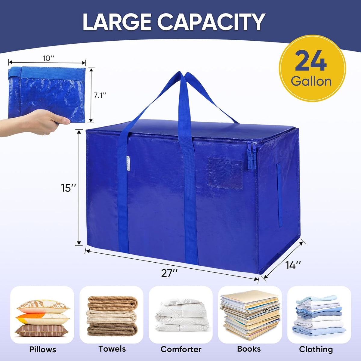 TICONN Extra Large Moving Bags Heavy Duty with Zippers & Carrying Handles, Durable Storage Bags Moving Boxes for Closet Organizers and Storage (Blue)