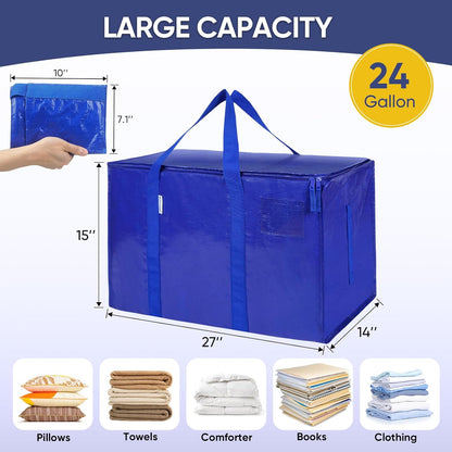 TICONN Extra Large Moving Bags Heavy Duty with Zippers & Carrying Handles, Durable Storage Bags Moving Boxes for Closet Organizers and Storage (Blue)