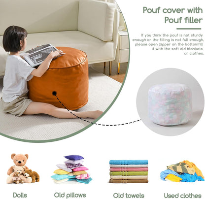HIGOGOGO Round Stuffed Pouf Ottoman, Pu Leather Poufs with Foam Chunk Filling, Furry and Fluffy Pouf Foot Stool Storage Ottoman, 20 X 15 Floor Poufs Foot Rest for Living Room,Dark Brown