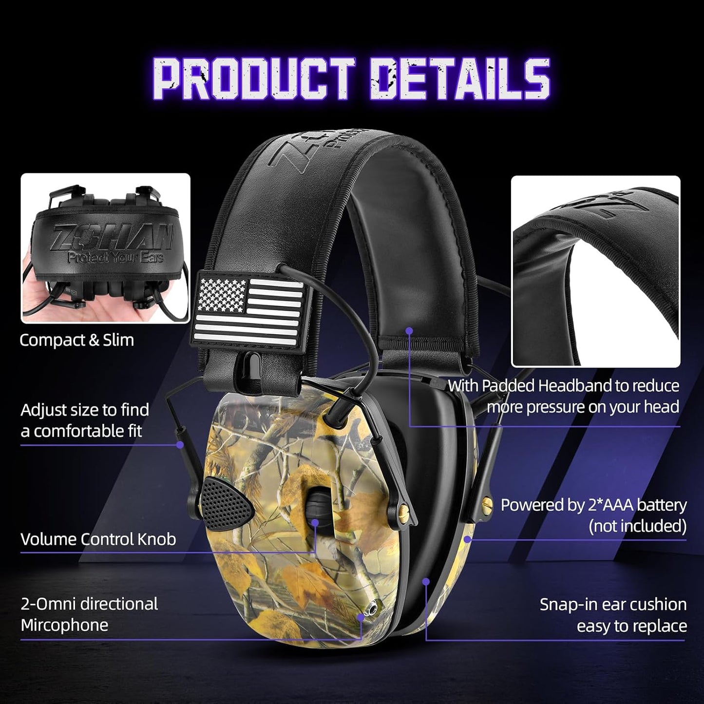 ZOHAN Electronic Shooting Earmuffs Built in Ambient Sound Amplifier, Hearing Protection for Shooters, NRR 23dB Noise Reduction, Ideal Gun Range Ear Protection Headphones for Hunting-Black&Purple