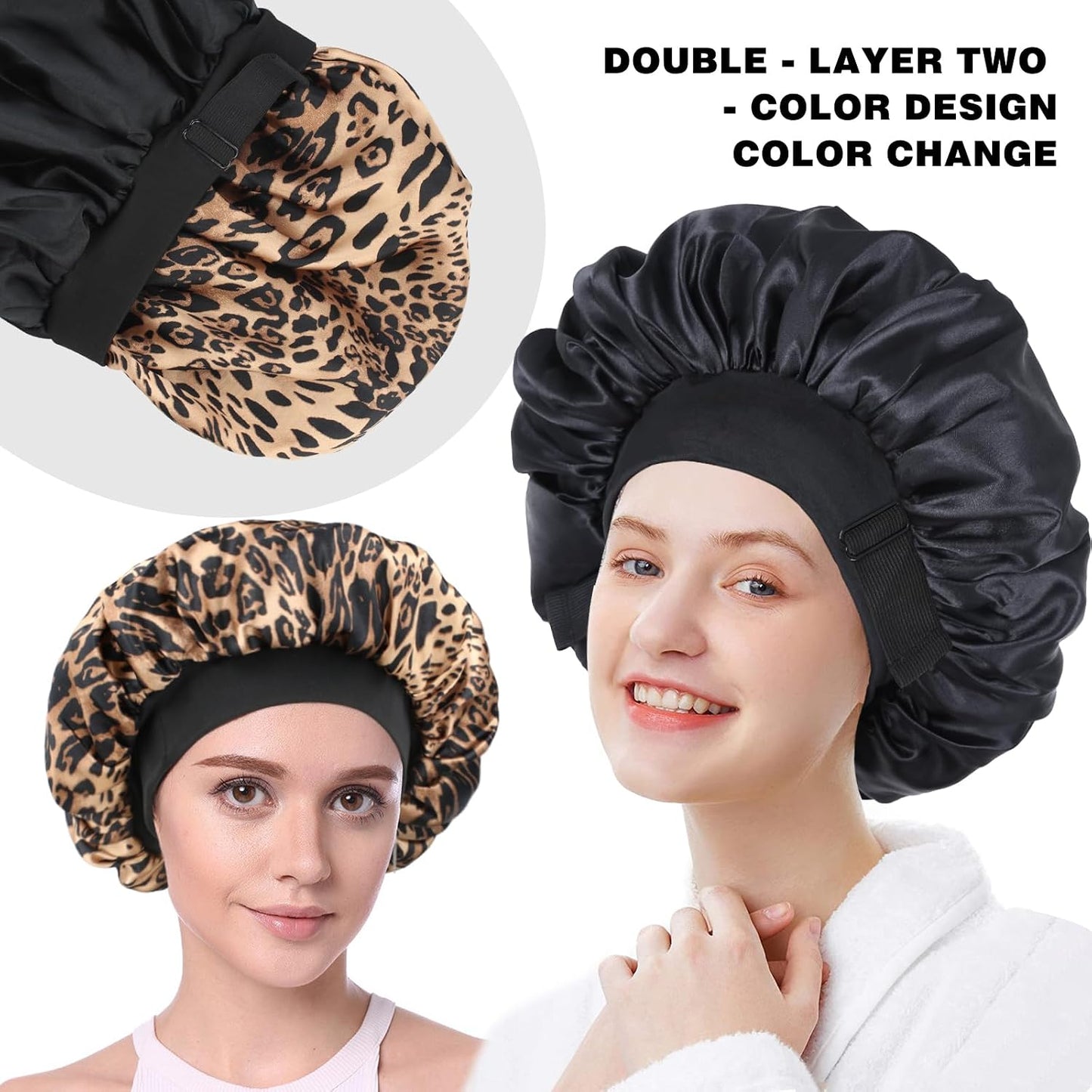 Silk Bonnet for Sleeping Double Layer Satin Bonnet Adjustable Bonnets for Black Women Sleep Cap Reversible Hair Bonnet for Curly Hair (Black and Purple)